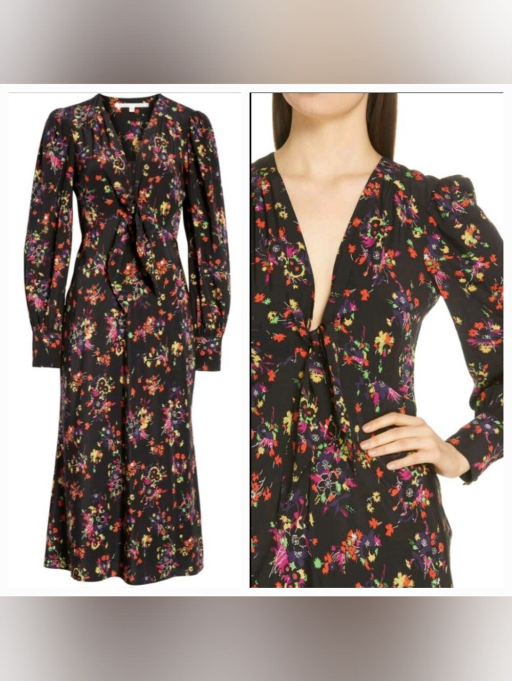 VERONICA BEARD amber Long Sleeves Floral Tie-front Midi Dress 14